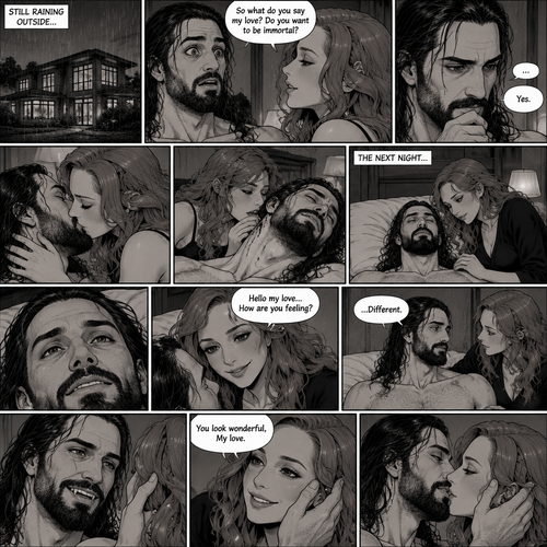Part 4.Still in Seth Rollins’s house,Still raining outside.Seth Rollins and Becky lynch are in Seth’s room,Seth’s eyes were widened and his breath hitched a little after Becky offered him immortality. “So what do you say my love? Do you want to be immortal?” Asked Becky.Seth thought about for a bit…Then he made his decision. “Yes” Seth said softly.Becky smiled and gently kissed him.She then leaned towards Seth’s neck.After the painful process of the vampire transformation was done Seth was unconscious.The next night Seth was still unconscious,Becky never left his side.Then Seth’s eyes slowly opened,He looked at Becky as she was smiling down at him.She gently stroked his head. “Hello my love..How are you feeling?” Becky said softly. “…Different” Seth said softly.Seth slowly sat up,Becky stayed close by incase he fell over.He smiled at her,His fangs showing.She smiled and gently put her hand on his cheek. “You look wonderful,My love” Said Becky.Seth Gently placed his hand on Becky’s cheek.They leaned towards each other 