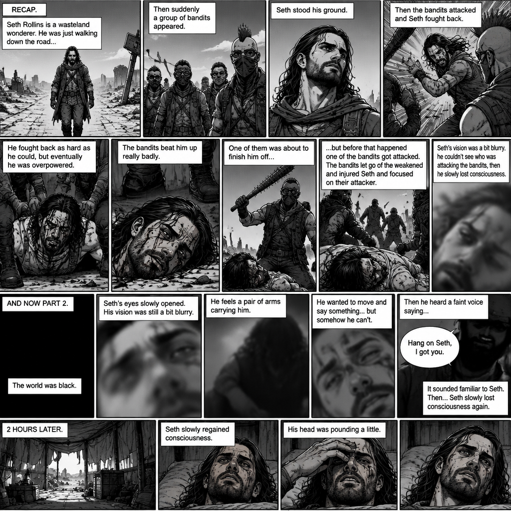 (Recap).Seth Rollins is a wasteland wonderer,He was just walking down the road,Then suddenly A group of bandits appeared,Seth stood his ground,Then the bandits attacked and Seth fought back,He fought back as hard as he could,but eventually he was overpowered,The bandits beat him up really badly,One of them was about to finish him off but before that happened One of the bandits got attacked,The bandits let go of the weakened and Injured Seth and focused on their attacker,Seth’s vision was a bit blurry,he couldn’t see who was attacking the bandits,then he slowly lost consciousness. (And now part 2). The world was black. Seth’s eyes slowly opened,His vision was still a bit blurry. He feels a pair of arms carrying him. He wanted to move and say something…but somehow he can’t. Then he heard a faint voice saying “Hang on Seth,I got you”. It sounded familiar to Seth. Then…Seth slowly lost consciousness again. 2 hours later,Seth slowly regained consciousness. His head was pounding a little