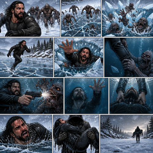 It’s a blizzard…During a monster apocalypse. Seth Rollins was on the run from a group of monsters. He ended up on ice over a frozen lake. The ice began to crack under the group of monsters combined weight. Seth kept running while the monsters fell through the ice and ended up in the water. He almost made it to the ground….But then the ice cracked under him and he fell into the water. He swam to the surface…but one of the monsters grabbed his ankle and pulled him. Seth grabs his gun…it had one bullet left…He used it to shoot the monster before it pulled him deeper in the cold water. Seth tried to swim back to the surface…But he started to get cold and was slowly losing consciousness. As he was about to accept his fate….A pair of hands grabbed him and pulled him out of the water. Seth was shivering and coughing out water. Someone lifted him in his arms and ran