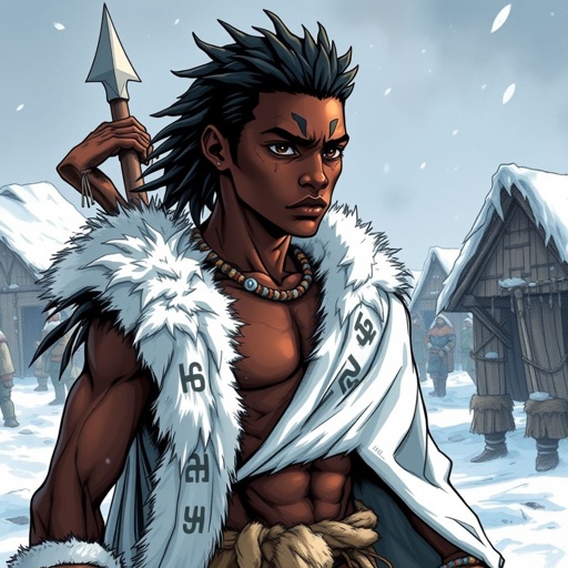 16 year old African kid. Whom is the leader of the snow village. Scars all over his body from war battles full body attire angle talking view