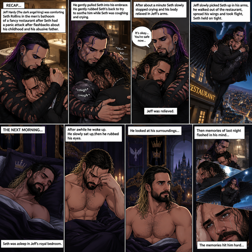 (Recap) Jeff Hardy (The dark angel king) was comforting Seth Rollins in the men’s bathroom of a fancy restaurant after Seth had a panic attack after flashbacks about his childhood and his abusive father,Jeff gently pulled Seth into his embrace,He gently rubbed Seth’s back to try to soothe him while Seth was coughing and crying,After about a minute Seth slowly stopped crying and his body relaxed in Seth’s arms,Jeff was relieved,Jeff slowly picked Seth up in his arms,he walked out of the restaurant,spread his wings and took flight,Seth held on tight. (And now part 3). The next morning,Seth was asleep in Jeff’s royal bedroom,After awhile he  woke up. He slowly sat up,then he rubbed his eyes. He looked at his surroundings,Then memories of last night flashed in his mind