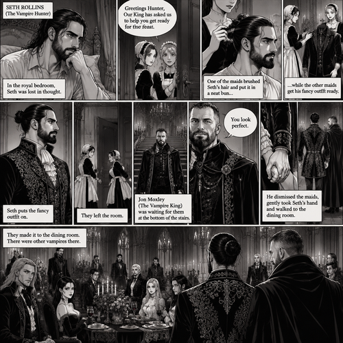 (Recap) Seth Rollins (The vampire hunter) was in a royal bedroom lost in thought,The maids knocked on the door and said “Greetings Hunter,Our King has asked us to help you get ready for the feast”,One of the maids brushed Seth’s hair and put it in a neat bun while the other maids get his fancy outfit ready,Seth puts the fancy outfit on,they left the room,Jon Moxley (the vampire king was waiting for them at the bottom of the stairs,Jon thought Seth looked perfect,He dismissed the maids,gently took Seth’s hand and walked to the dining room. (And now part 4). They made it to the dining room,there were other vampires there
