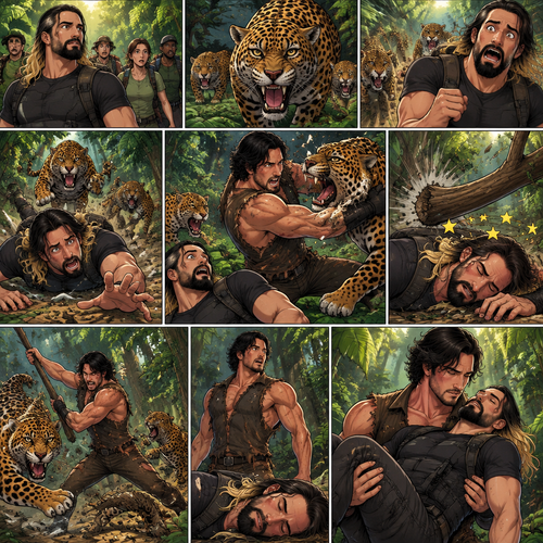 Seth Rollins was exploring the jungle with a group,Then suddenly….a group of jaguars appeared. Everyone scattered. Some of the jaguars went after Seth,He kept running. It seemed like he was going to outrun the jaguars….but then he tripped and fell. The jaguars were about to pounce on him….then suddenly…a wild man (Markiplier) jumped in. He fended off the jaguars while Seth watched in stunned silence. While the fight was going on…a tree branch fell…and landed on Seth’s head,He got dizzy….then he passed out due to the dizziness. The wild man finally managed to completely fend off the jaguars. The wild man turned around and walked to Seth who’s still unconscious,He lifted him in his arms and walked in the jungle