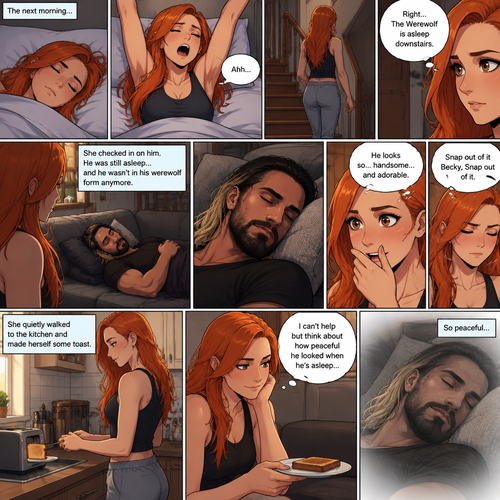 (Part 3 of the werewolf x human story) The next morning,Becky Lynch was asleep in her bed. Then she woke up. She got up and stretched her arms. She walked downstairs…then she remembered that the Werewolf (Seth Rollins) was asleep downstairs. She checked in on him. He was still asleep…and he wasn’t in his werewolf form anymore. She couldn’t help but look at him…and blush. “He looks so…handsome…and adorable” Becky said to herself. Then she shook her head. “Snap out of it Becky,Snap out of it” Becky said to herself. She quietly walked to the kitchen and made herself some toast. She couldn’t help but think about how peaceful he looked when he’s asleep
