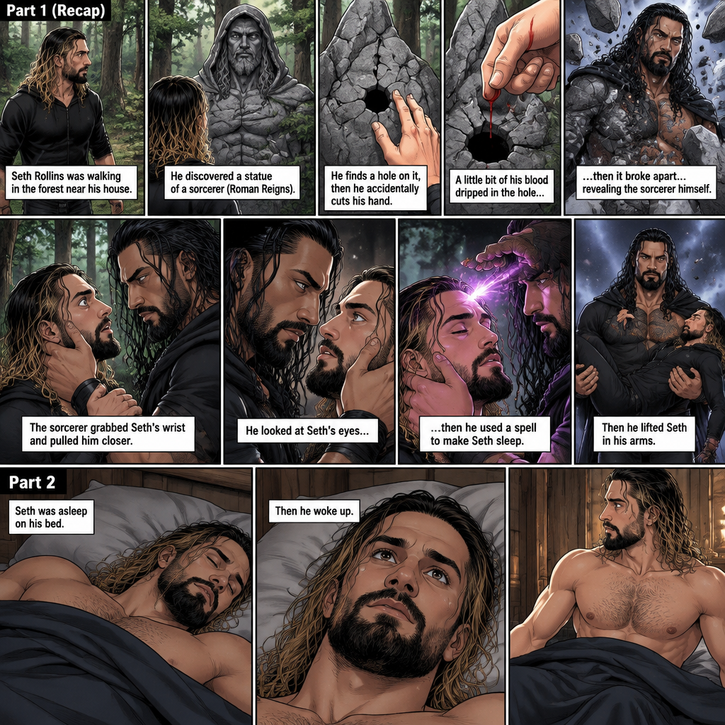 (Recap) Seth Rollins Was walking in the forest near his house,he discovered a statue of a sorcerer (Roman Reigns),he finds a hole on it,then he accidentally cuts his hand,A little bit of his blood dripped in the hole,then it broke apart…revealing the sorcerer himself,Seth was shocked,the sorcerer grabbed Seth’s wrist and pulled him closer,He looked at Seth’s eyes,then he used a spell to make Seth sleep,then he lifted Seth in his arms. (And now part 2). Seth was asleep on his bed,then he woke up