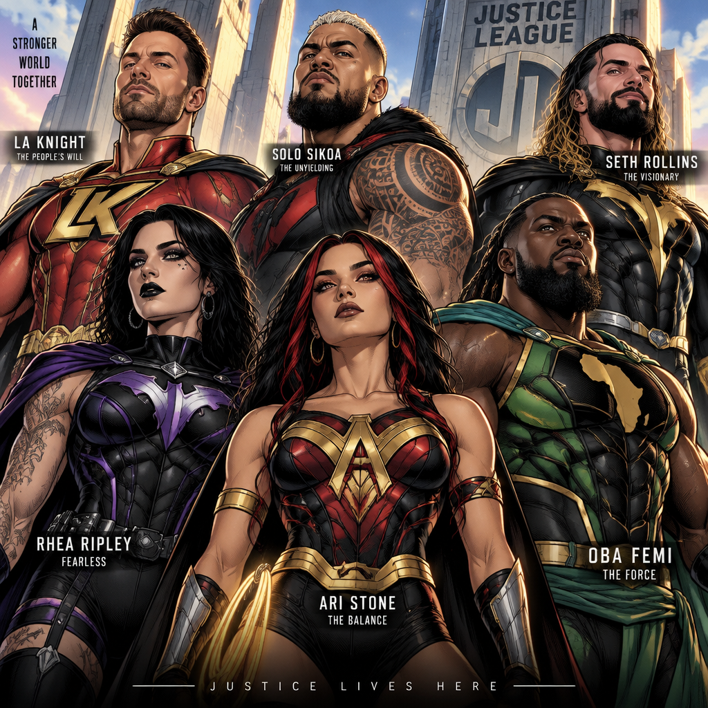 LA Knight,Solo Sikoa,Seth Rollins,Oba Femi,Rhea Ripley and Ari Stone (My wrestler oc) as the justice league