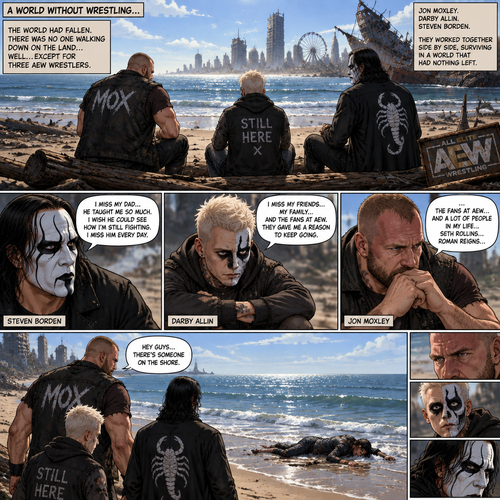 It’s a post apocalyptic world,There was no one walking down on the land….well….except for three AEW wrestlers! Jon Moxley,Darby Allin and Steven Borden (Sting’s son).They worked together side by side in this post apocalyptic world.They thought they were the last wrestlers alive….but little did they know…that on this day….they would be proven wrong.It was a sunny afternoon,Jon,Darby and Steven were just sitting near a beach talking and reminiscing about the time before this world became barren.Steven was reminiscing about his dad and how much he misses him,Darby was reminiscing about his friends,His family and the fans at AEW.Jon was sitting silently,Thinking about the fans at AEW and some other people in his life…He was also thinking about…Seth Rollins and Roman Reigns.He looked at the ocean….That’s when he saw….and unconscious person getting washed up on the shore.He slowly stood up. “Hey guys…there’s someone on the shore” Jon said to Darby and Steven.Darby and Steven stood up and looked at the unconscious person