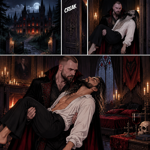 There’s a Dark Vampiric mansion in the woods,Inside there’s a dark Vampiric chamber.The door opens,A vampire (Jon Moxley) walks in carrying his human lover (Seth Rollins)