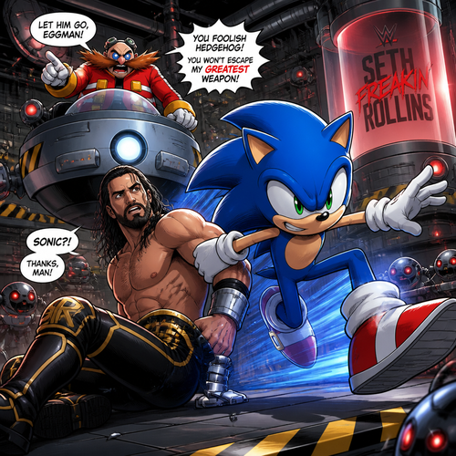 WWE superstar Seth Rollins being rescued by Sonic the hedgehog from Dr.Eggman
