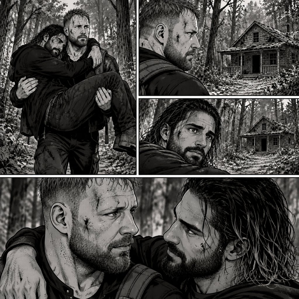 (Part 5). Still in the zombie apocalypse. Jon Moxley was walking in the woods while Holding Seth Rollins in his arms after emotional reunion near the river. Seth was resting his head on Jon’s shoulder while holding on. Jon looked ahead and he sees an abandoned Cabin. Seth Sees it too. Jon and Seth looked at each other