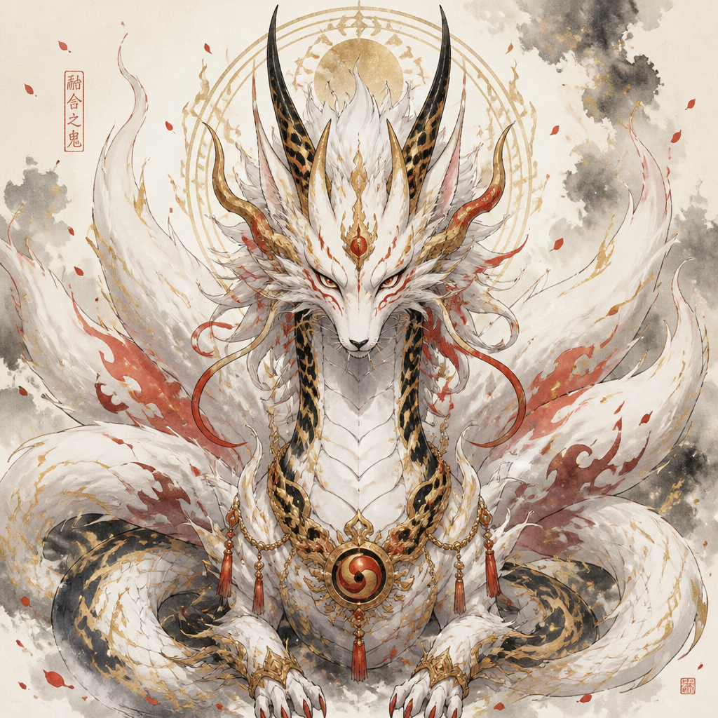 Fuse Oni, loung dragon, 9 tail fox into a oni style neck that has all the best appearance from Fuse Oni, loung dragon, 9 tail fox. Only show final product. Colors white,gold,red, black. Front view