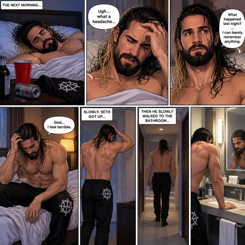 Seth Rollins was asleep after a party last night. Seth slowly woke up hungover,He can barely remember what happened at the party. He slowly got up,then he slowly walked to the bathroom