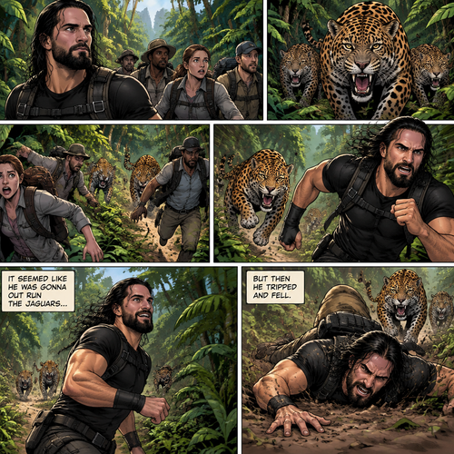Seth Rollins was exploring a jungle with a group,Then….a group of jaguars appeared. Everyone scattered. Some of the jaguars went after Seth,He kept running.It seemed like he was gonna out run the jaguars…But then he tripped and fell