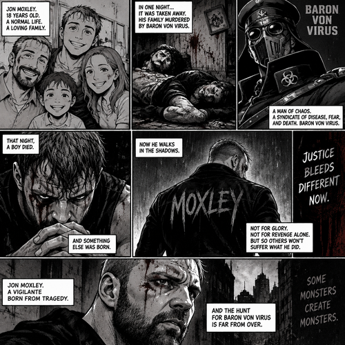 Jon Moxley as a vigilante born from tragedy. When he was 18 years old his family was murdered by a villain known as Baron Von Virus