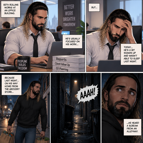 Seth Rollins was working at an office building. He’s usually focused on his work,But…today….he’s a bit shaken up and wasn’t able to sleep last night. Because last night….on his way home from the grocery store…he heard a scream from an alleyway