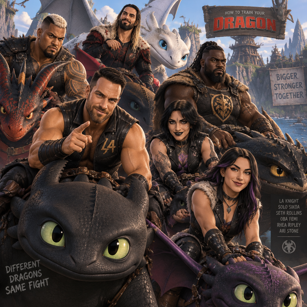 LA Knight,Solo Sikoa,Seth Rollins,Oba Femi,Rhea Ripley and Ari Stone (My Female wrestler oc) in How to train your dragon