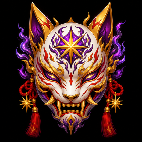 Fuse 9 tail star fox and super nova oni into a oni style mask. Colors gold, purple,red,white. Only show the final product 