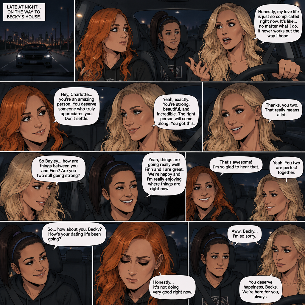 It was late at night,Becky Lynch Was in a car with Charlotte Flair and Bayley. They were driving to Becky’s house. Charlotte was talking about her complicated love life. Becky and Bayley were giving her words of comfort and support. Charlotte then asked Bayley how things were between her and Finn Bálor (They’re dating in this story). Bayley said things were going very well between the two of them. Becky and Charlotte were both happy to hear that. Bayley then looked at Becky and asked How HER dating life had been. Becky got a sad look on her face as she admitted that her dating life wasn’t doing very good