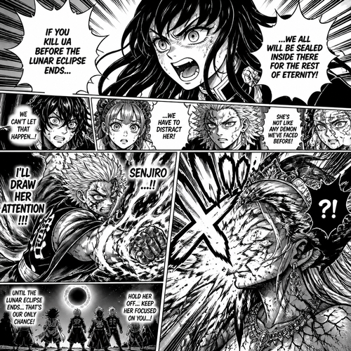  Ua yells at her that if she kills ua before the lunar eclipse ends, they all will be sealed inside of there for the rest of interiority and they decide to distract the demon queen, so she can’t kill them and senjiro distracts her with a flaming punch to the face)