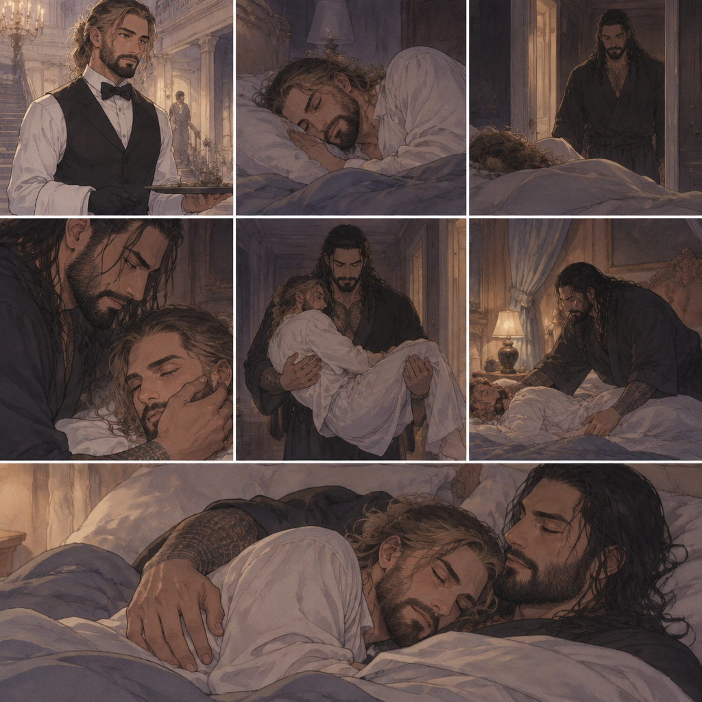 Seth Rollins was working as a butler at a mansion,Later that night He was asleep in his room.Then…The door to his room quietly opened while he was asleep,The master of the house (Roman Reigns) was standing in the doorway.He quietly walked to the bed.He gently caressed Seth’s cheek,Then…He gently lifted Seth in his arms,Then he walked to his room while holding him.He gently put Seth on his bed.Roman gets on the bed beside Seth,He gently pulled him into his embrace
