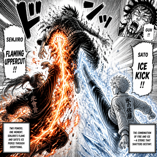  Senjiro hit her with a flaming uppercut and sato a ice kick