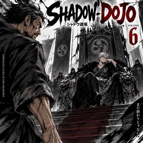 A guy in his 40s staring at another guy, not in his 40s on a throne with gray hair for a cover of shadow dojo’s volume six