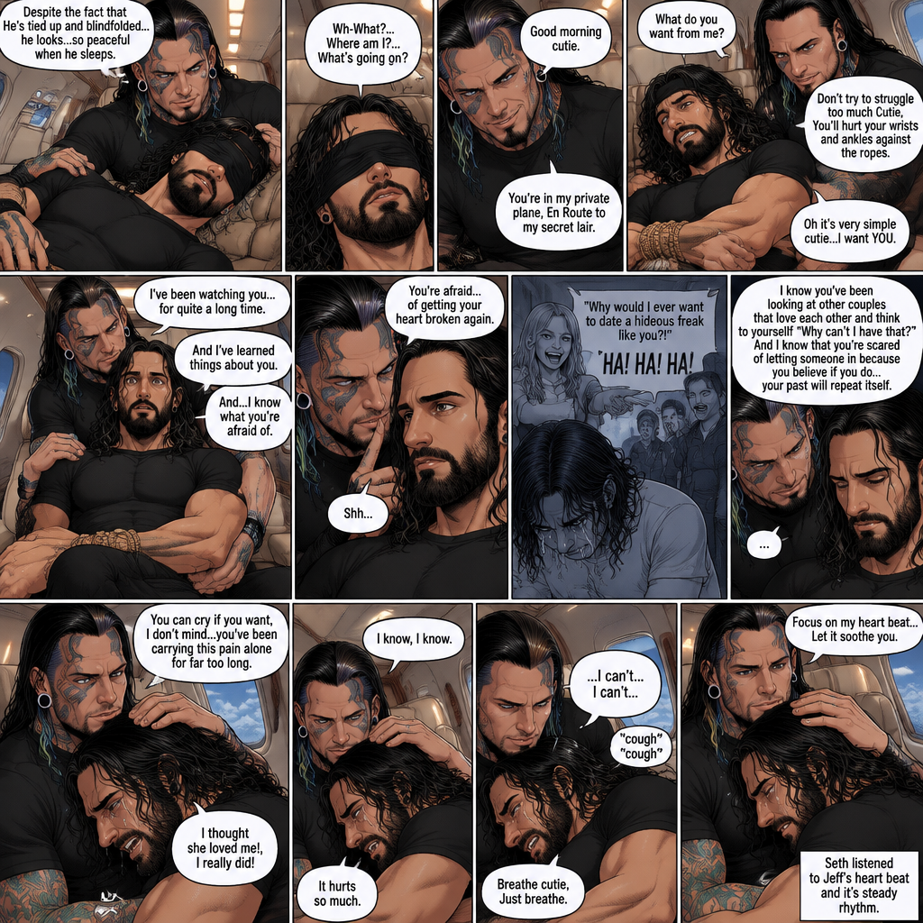 (Previously) The nefarious Jeff Hardy carried the unconscious Seth Rollins (a secret agent) to his private plane after arriving at the airstrip,he put him down on the sofa in the plane,He tied Seth’s wrists and ankles with Rope,Then he blindfolded him,The plane took off,Jeff gently stroked Seth’s head the whispered “We’ll be together soon Cutie,You just don’t know it yet”,Then he gently kissed Seth’s forehead. (And now part 3). Hours have passed,Seth was still unconscious. Jeff was looking at him. “Despite the fact that He’s tied up and blindfolded…he looks…so peaceful when he sleeps” Jeff thought to himself. Then…Seth slowly regained consciousness. “Good morning cutie” Said Jeff. Seth was confused. “Wh-What?…Where am I?…What’s going on?” Seth asked. “You’re in my private plane,En Route to my secret lair” Said Jeff. Seth tried to struggle. “Don’t try to struggle too much Cutie,You’ll hurt your wrists and ankles against the ropes” Said Jeff. “What do you want from me?” Asked Seth. “Oh it’s very simple cutie…I want YOU” said Jeff. Seth was caught off guard. Jeff lifted Seth in his arms,Then he sat back down and put Seth on his lap. “I’ve been watching you…for quite a long time” Said Jeff. “And I’ve learned things about you” Jeff continued. “And…I know what you’re afraid of” Jeff continued. Seth was about to protest But Jeff gently shushed him. “You’re afraid…of getting your heart broken again” said Jeff. Seth was silent…not because he was stunned…it’s because Jeff was right. “I know you’ve been looking at other couples that love each other and think to yourself “Why can’t I have that?” And I know that you’re scared of letting someone in because you believe if you do…your past will repeat itself” Said Jeff. Seth clenched his fists,The memory of his ex-girlfriend cheating on him in high school and humiliating him in front of the entire school and her saying “Why would I ever want to date a hideous freak like you?!” And the other students laughing at him and tears streaming down his face flashed in his mind, Seth was trying not to cry. Jeff noticed and pulled Seth In his embrace. “You can cry if you want,I don’t mind…you’ve been carrying this pain alone for far too long” Jeff said Softly. That did it,Seth couldn’t hold it In anymore,He started crying in Jeff’s arms. “I thought she loved me!,I really did” Seth said through his tears. Jeff gently rubbed Seth’s back. “I know,I know” Jeff said softly. Seth was full on sobbing now,His tears soaking through the blindfold. It broke Jeff’s heart to See Seth like this,He took the blindfold off Seth. “It hurts so much” Seth said through the sobbing. Jeff kept rubbing Seth’s back gently with sadness in his eyes. Seth started coughing while continuing to sob loudly. “Breathe cutie,Just breathe” Jeff said Softly. “…I can’t…I can’t…” Seth said through the sobbing. Jeff gently puts Seth’s head on his chest where his heart is. “Focus on my heart beat…Let it soothe you” Jeff said softly. Seth listened to Jeff’s heart beat and it steady rhythm