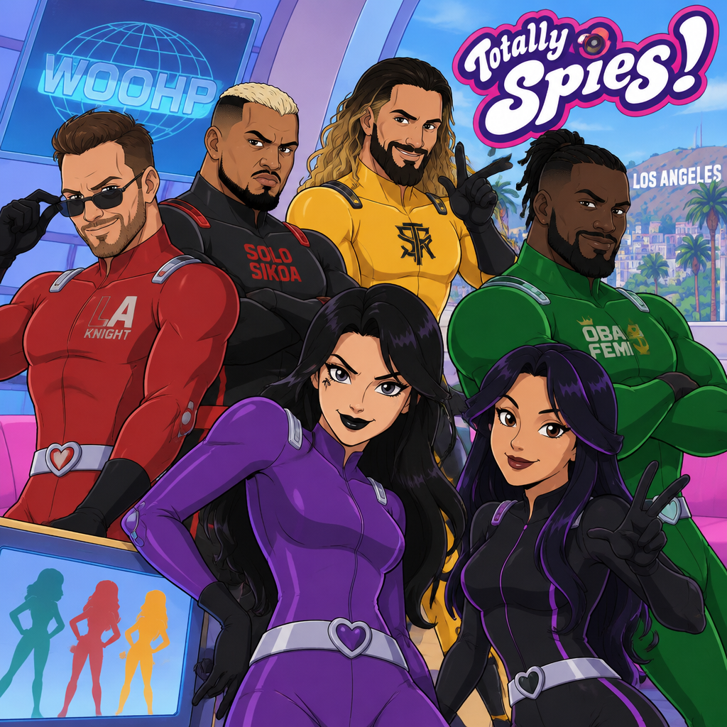 LA Knight,Solo Sikoa,Seth Rollins,Oba Femi,Rhea Ripley and Ari Stone (My wrestler oc) in Totally Spies