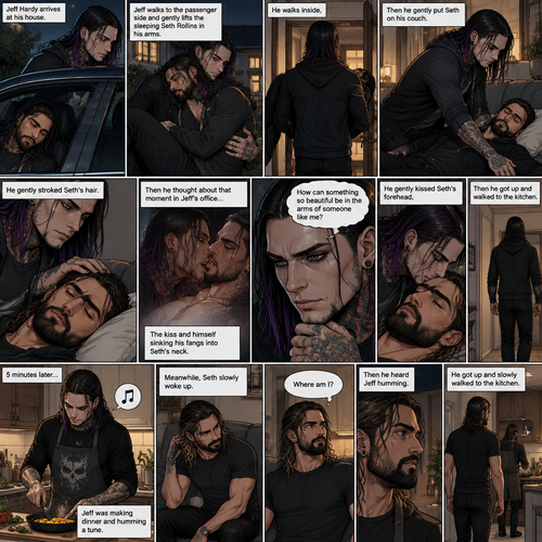 (Part 5 of the Vampire x human story) Jeff Hardy arrives at his house. He walks to the passenger side and gently lifts the sleeping Seth Rollins in his arms. He walks inside,Then he gently put Seth on his couch. He gently stroked Seth’s hair. Then he thought about that moment in Jeff’s office,The kiss and himself sinking his fangs into Seth’s neck. “How can something so beautiful be in the arms of someone like me?” Jeff asked himself. He gently kissed Seth’s forehead,Then he got up and walked to the kitchen. 5 minutes later,Jeff was making dinner and humming a tune. Meanwhile,Seth slowly woke up,He sat up and looked at his surroundings. “Where am I?” Seth asked himself,Then he heard Jeff humming. He got up and slowly walked to the kitchen