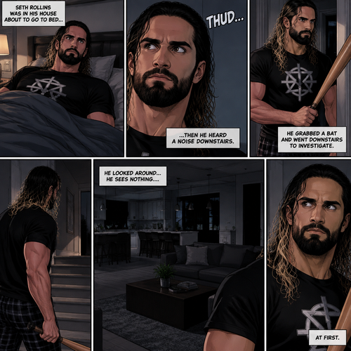Seth Rollins was in his house about to go to bed…then he heard a noise downstairs. He grabbed a bat and went downstairs to investigate. He looked around,He sees nothing….at first