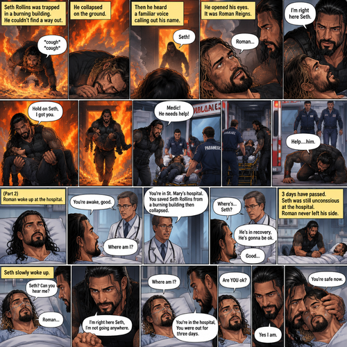 (Recap) Seth Rollins was trapped in a burning building,he couldn’t find a way out,he coughed because of the smoke,he collapsed on the ground,then he heard a familiar voice calling out his name,He opened his eyes,it was Roman Reigns,Seth weakly called out Roman’s name,Roman Rushed over to Seth,”I’m right here Seth” said Roman,he lifted Seth in his arms,”Hold on Seth,I got you” Roman said to Seth”,Roman runs towards an exit,he made it out,He runs to an ambulance with Seth in his arms,”Medic! He needs help!” Roman yelled,he puts Seth on a gurney,the paramedics wheel Seth to an ambulance,the adrenaline that Roman had wore off,”Help….him” said Roman,then….he collapsed on the ground,another team of paramedics rushed to Roman. (And now part 2). Roman woke up at the hospital. A doctor walked in. “You’re awake,good” said the doctor. “Where am I?” Roman asked. “You’re in st. Mary’s hospital,You Saved Seth Rollins from a burning building then collapsed” said the doctor. “Where’s…Seth?” Roman asked. “He’s in recovery,He’s gonna be ok” said the doctor. Roman was relieved. 3 days have passed,Seth was still unconscious at the hospital. Roman never left his side. Seth slowly woke up. “Seth? Can you hear me?” Roman asked softly. Seth spoke weakly “Roman”. Roman gently held Seth’s hand. “I’m right here Seth,I’m not going anywhere” Roman said softly. “Where am I?” Seth asked weakly. Roman gently stroked Seth’s head. “You’re in the hospital,You were out for three days” Roman said Softly. Seth looked at Roman. “Are YOU ok?” Seth asked softly. “Yes I am” Roman said Softly. Roman gently placed his hand on Seth’s cheek. Seth hummed softly and relaxed under Roman’s touch. “You’re safe now” Roman said Softly