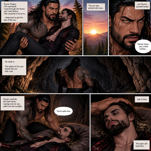 (Part 2 of the Werewolf x vampire story). Roman Reigns (The werewolf) was running to his cave with Seth Rollins (The vampire) in his arms to get him out of the sun. Roman managed to get there before the sun fully rose