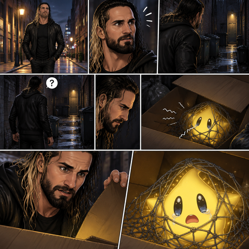 Seth Rollins was having a stroll down the street at night,then…he heard a small crying sound. He followed the sound to an alleyway. At first he didn’t see anything…then he heard the small crying noise coming from a box. He looked inside…he couldn’t believe it…it was a star (Luma). It was tangled up in a net