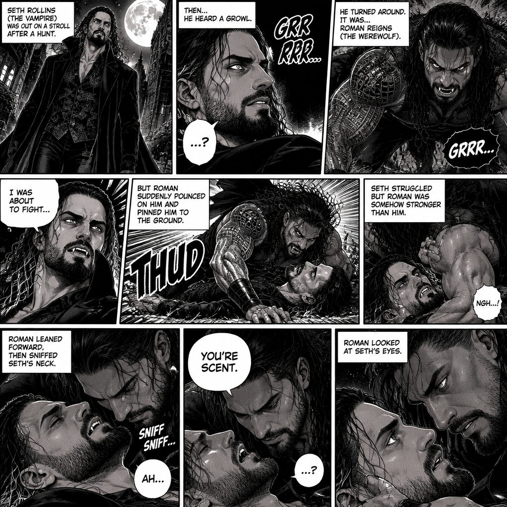 (Part 1 of the Werewolf x Vampire story). Seth Rollins (The Vampire) was out on a stroll after a hunt,Then…he heard a growl. He turned around, It was…Roman Reigns (The werewolf). Seth was about to fight,But Roman suddenly pounced on him and pinned him to the ground. Seth struggled But Roman was somehow stronger than him. Roman leaned forward,Then sniffed Seth’s neck. Seth gasped softly. “You’re Scent” Said Roman. Seth was confused. Roman looked at Seth’s eyes