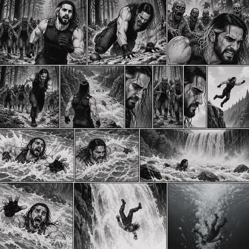 We’re in the woods during a zombie apocalypse,Someone was running…and that someone…is Seth Rollins. He was running from a zombie horde after being abandoned and left to die by his own group. He kept running….Till he tripped on a rock and sprained his ankle. The zombie horde was gaining on Seth,So he kept running despite the pain in his ankle. He was running and running….till he got to the edge of a cliff. He looks down,There was rapid water at the bottom. He turned around…the Zombie horde was getting closer. At this point…Seth had two choices,Either let the zombies eat him..or jump into the rapids. He thought about it….then he made a decision…he…Jumped into the rapids. He swam up,He tried to swim to shore but the strong water kept pulling him further down the rapids. He looked ahead….there was a waterfall up ahead,He tried to swim away…But the rapids were too strong….he ended up falling down the waterfall…and hit the water