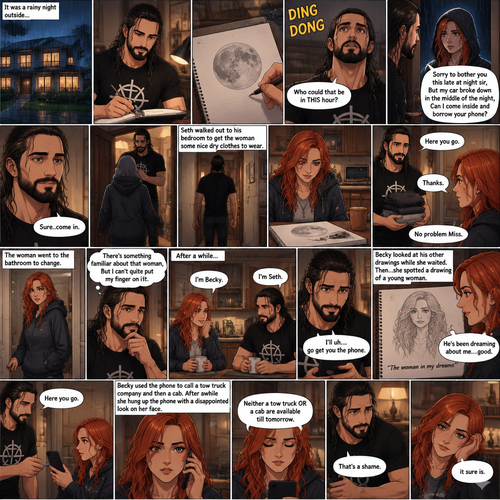 It was a rainy night outside,Seth Rollins was alone in his house,He drawing a picture of the moon on his notebook.Then the doorbell rang. “Who could that be in THIS hour?” Seth  asked himself. He got up and opened the door,A young Irish woman (Becky Lynch) was standing outside on his porch soaking wet from the rain wearing a hood. “Sorry to bother you this late at night sir,But my car broke down in the middle of the night,Can I come inside and borrow your phone?” Asked the woman.Seth looked at the woman,There was this…aura about her that he couldn’t quite explain.He decided to let her in. “Sure..come in” said Seth.The woman walked in and Seth shut the door.He walked out to his bedroom to get the woman some nice dry clothes to wear,The woman was waiting in the kitchen,She noticed the drawing on the table.She smiled.Seth came back and handed her the clothes. “Thanks” said the Woman. “No problem Miss” Said Seth.The woman went to the bathroom to change. “There’s something familiar about that woman,But I can’t quite put my finger on it” Seth said to himself.After a while she came out wearing the clothes.She sat down at the table with him.”I’m Becky” Said Becky. “I’m Seth” Said Seth.There was something between them,Pulling them together.”I’ll uh…go get you the phone” Seth said nervously .He gets up to get the phone from the living room.Becky looked at his other drawings while she waited,Then…She spotted a drawing of a young woman.The drawing was called “The woman in my dreams”.That woman….was Becky herself.She simply smiled to herself. “He’s been dreaming about me….good” Becky said to herself.Seth came back with the phone in his hand,He handed it to her.Becky used the phone to call a tow truck company and then a cab.After awhile she hung up the phone with a disappointed look on her face. “Neither a tow truck OR a cab are available till tomorrow” Said Becky.Seth had a sympathetic look on his face. “That’s a shame” Said Seth. “it sure is” Said Becky