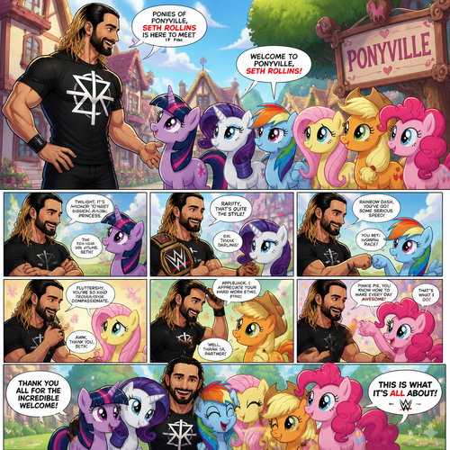 WWE superstar Seth Rollins meeting Twilight Sparkle,Rarity,Rainbow Dash,Fluttershy,AppleJack and Pinkie pie in Ponyville