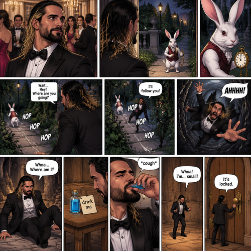 Seth Rollins was at a fancy party,Then he sees a white rabbit outside.It’s wearing a fancy vest and holding a pocket watch and it’s looking at him.Then it starts hopping away and Seth followed it.The rabbit kept hopping and Seth kept following,Until the rabbit jumped down the rabbit hole.Seth looked in the hole…Then he leaned in to far and started falling down the hole. “AHHHH!” Seth Yelled.He kept falling and falling,Till eventually he landed on the bottom.He looked at his surroundings,then he noticed a small door in front of him.He turned around and noticed a small table behind him,there’s a small potion on top of it and with a note attached to it that says “drink me”.He took the potion and took a sip,He coughed a little,Puts the potion back and shrinks (literally).He ran to the door and turned the handle…Its locked