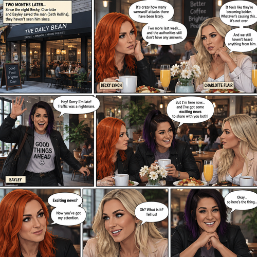 (Part 2 of the Werewolf X human story). It’s been two months since the night Becky Lynch and Her friends Charlotte Flair and Bayley saved the Man (Seth Rollins). They haven’t seen him since. Becky and charlotte were having brunch at a cafe,They were talking about the recent werewolf attacks. Then Bayley showed up late….with a happy grin on her face. She apologized for being late and sat at the table. Then she said she’s has some exciting news to share with the two of them