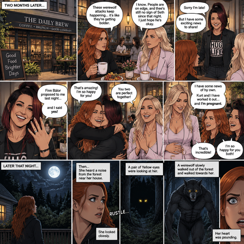 (Part 2 of the Werewolf X human story). It’s been two months since the night Becky Lynch and Her friends Charlotte Flair and Bayley saved the Man (Seth Rollins). They haven’t seen him since. Becky and charlotte were having brunch at a cafe,They were talking about the recent werewolf attacks. Then Bayley showed up late….with a happy grin on her face. She apologized for being late and sat at the table. Then she said she’s has some exciting news to share with the two of them….Finn Bálor proposed to her last night…and she said yes. Becky and Charlotte were happy and excited for Bayley. Then Charlotte said she’s has some news of her own. She and her husband (Kurt Wagner a.k.a nightcrawler) have worked it out…and She’s pregnant. Becky and Bayley were happy and excited for Charlotte. Later that night,Becky was in her backyard looking at the moon…then…She heard a noise from the forest near her house. She looked closely. A pair of Yellow eyes were looking at her. A werewolf slowly walked out of the forest and walked towards her. Her heart was pounding