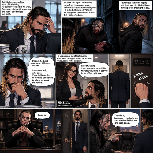Seth Rollins was working at an office building. He’s usually focused on his work,But…today….he’s a bit shaken up and wasn’t able to sleep last night. Because last night….on his way home from the grocery store…he heard a scream from an alleyway. He looked…He saw….a Vampire. He recognized the vampire…it was Jeff Hardy…his boss. Seth quietly ran home hoping Jeff didn’t see him. He had been thinking about that night all day. He was snapped out of his thoughts when someone tapped him on the shoulder,It was Jessica Jeff’s assistant. “Hello Mr.Rollins,If you happen to be available Mr.Hardy would like to see you in his office right away” said Jessica. Dread washed over Seth’s face but he complied. “Oh god…he didn’t see me spot him last…Did he?,Calm down Seth,calm down,it’s probably not that…he probably just wanted to talk to me about the reports” Seth though. He knocked on the door. “Come in” said Jeff. Seth opened the door. “There he is,just the guy I wanted to see,shut the door behind you and take a seat” said Jeff. Seth complied