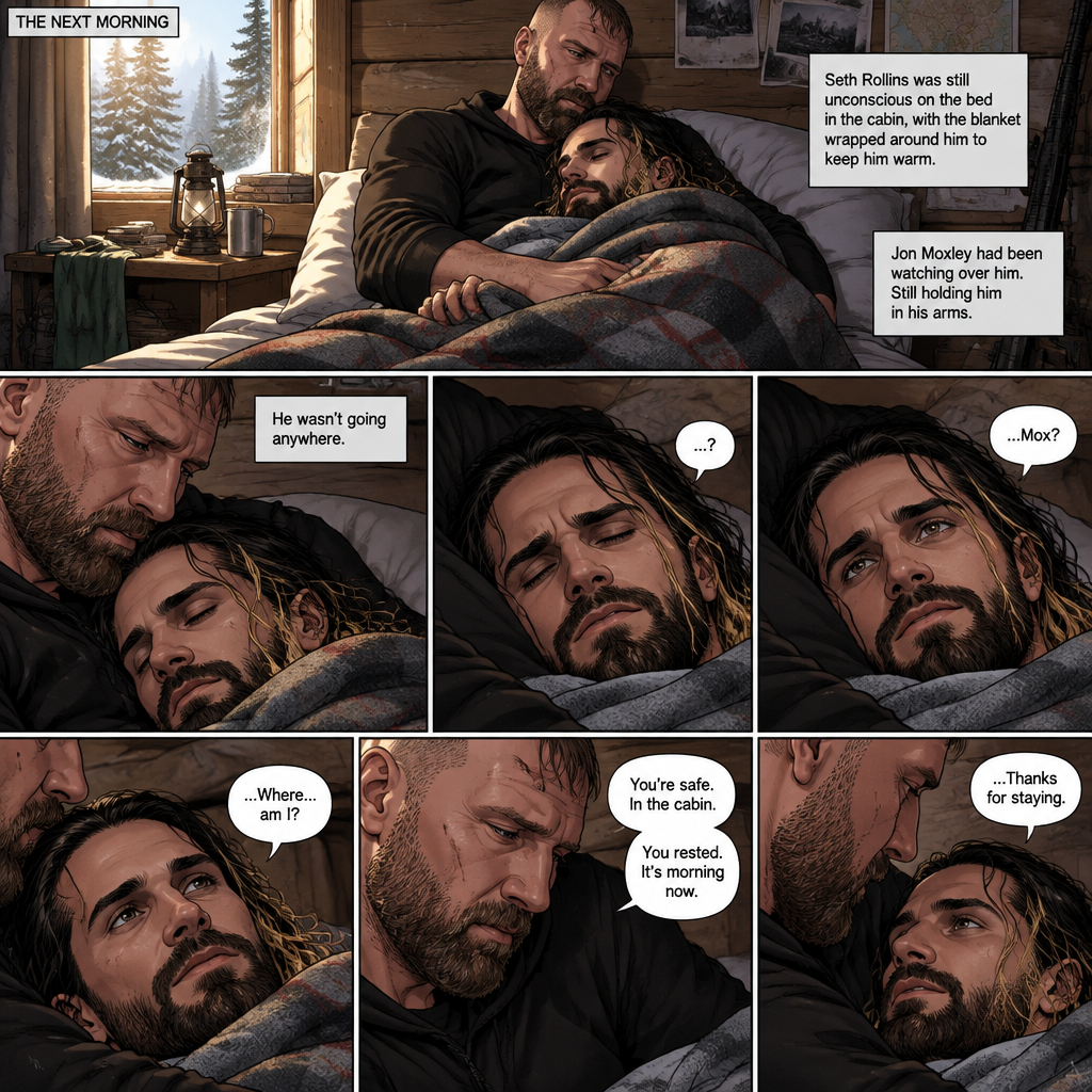 (The monster apocalypse/Moxollins story part 3). The next morning,Seth Rollins was Still unconscious on the bed in the cabin with the blanket wrapped around him to keep him warm. Jon Moxley had been watching over him Still holding him in his arms. Then Seth slowly regained consciousness