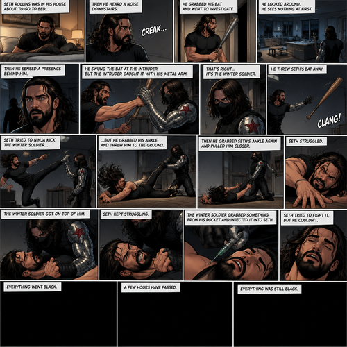 (Recap). Seth Rollins was in his house about to go to bed then he heard a noise downstairs,He grabbed his bat and went to investigate,He looked around He sees nothing at first,Then he sensed a presence behind him,He swung the bat and the intruder but the intruder caught it with his metal arm,That’s right it’s the winter soldier,He threw Seth’s bat away,Seth tried to ninja kick the winter soldier but he grabbed his ankle and threw him to the ground,Then he grabbed he grabbed Seth’s ankle again and pulled him closer,Seth struggled,The winter soldier got on top of him,Seth kept struggling,The winter soldier grabbed something from his pocket and injected it into Seth,Seth tried to fight it,but he couldn’t,Everything went black. (And now part 2). A few hours have passed,Everything was still black