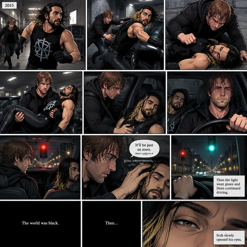 (Recap). It’s the year 2015,Seth Rollins was being chased backstage by Dean Ambrose,Seth was running to his car,but before he could get there Dean tackled him,Seth struggled,Dean knocked him out,He lifted Seth in his arms and walked to his car,He put Seth in the passenger seat,He gets in his car and drove away,After a while he stopped at a red light,He looked at the unconscious Seth,He gently brushed Seth’s hair off his face,”It’ll be just us soon” Dean Whispered softly,Then the light went green and Dean continued driving. (And now part 2). The world was black,Then…Seth slowly opened his eyes