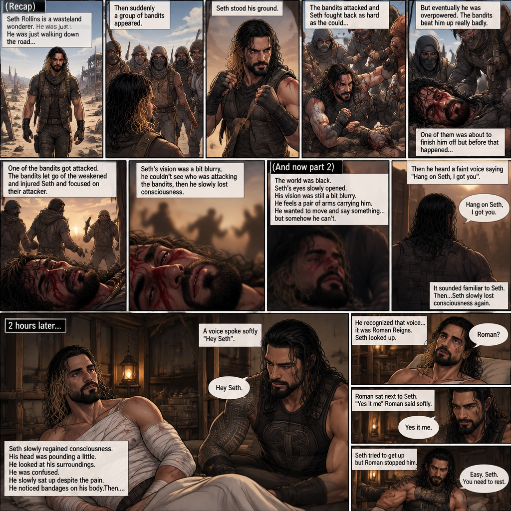 (Recap).Seth Rollins is a wasteland wonderer,He was just walking down the road,Then suddenly A group of bandits appeared,Seth stood his ground,Then the bandits attacked and Seth fought back,He fought back as hard as he could,but eventually he was overpowered,The bandits beat him up really badly,One of them was about to finish him off but before that happened One of the bandits got attacked,The bandits let go of the weakened and Injured Seth and focused on their attacker,Seth’s vision was a bit blurry,he couldn’t see who was attacking the bandits,then he slowly lost consciousness. (And now part 2). The world was black. Seth’s eyes slowly opened,His vision was still a bit blurry. He feels a pair of arms carrying him. He wanted to move and say something…but somehow he can’t. Then he heard a faint voice saying “Hang on Seth,I got you”. It sounded familiar to Seth. Then…Seth slowly lost consciousness again. 2 hours later,Seth slowly regained consciousness. His head was pounding a little. He looked at his surroundings. He was confused. He slowly sat up despite the pain. He noticed bandages on his body,Then….A voice spoke softly “Hey Seth”. He recognized that voice…it was Roman Reigns. Seth looked up. “Roman?” Seth asked softly. Roman Sat next to Seth. “Yes it me” Roman said softly. Seth tried to get up but Roman stopped him