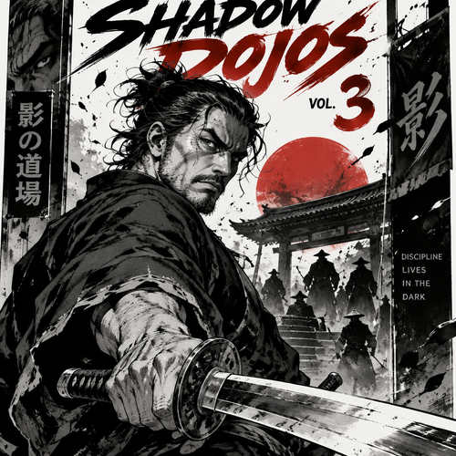 A guy in his 40s holding a katana for a cover and the manga is called shadow dojos vol 3