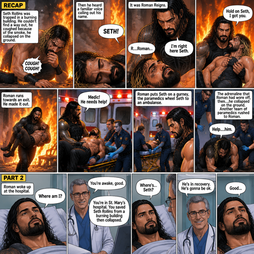 (Recap) Seth Rollins was trapped in a burning building,he couldn’t find a way out,he coughed because of the smoke,he collapsed on the ground,then he heard a familiar voice calling out his name,He opened his eyes,it was Roman Reigns,Seth weakly called out Roman’s name,Roman Rushed over to Seth,”I’m right here Seth” said Roman,he lifted Seth in his arms,”Hold on Seth,I got you” Roman said to Seth”,Roman runs towards an exit,he made it out,He runs to an ambulance with Seth in his arms,”Medic! He needs help!” Roman yelled,he puts Seth on a gurney,the paramedics wheel Seth to an ambulance,the adrenaline that Roman had wore off,”Help….him” said Roman,then….he collapsed on the ground,another team of paramedics rushed to Roman. (And now part 2). Roman woke up at the hospital. A doctor walked in. “You’re awake,good” said the doctor. “Where am I?” Roman asked. “You’re in st. Mary’s hospital,You Saved Seth Rollins from a burning building then collapsed” said the doctor. “Where’s…Seth?” Roman asked. “He’s in recovery,He’s gonna be ok” said the doctor. Roman was relieved