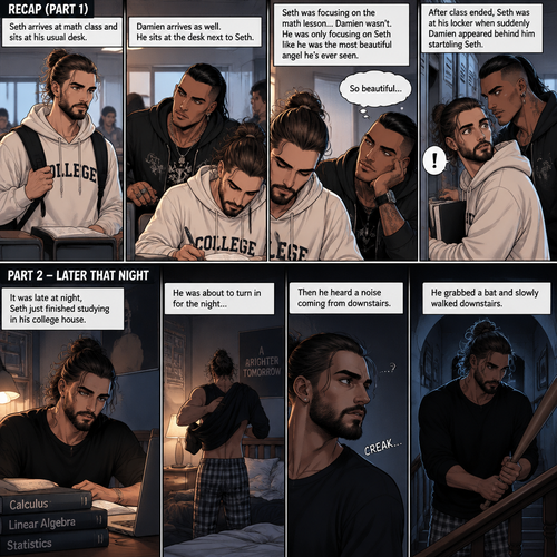 (Recap) Seth Rollins (College student) Arrives at math class and sits at his usual desk,Damien Priest (The bad boy) arrives as well,He sits on the desk next to Seth,Seth was focusing on the math lesson…Damien wasn’t,He was only focusing on Seth like he was the most beautiful angel he’s ever seen,”So beautiful” Damien thought in his mind,After class ended Seth was at his locker when suddenly Damien appeared behind him startling Seth. (And now part 2). It was late at night,Seth just finished studying in his college house. He was about to turn in for the night….Then he heard a noise coming from downstairs. He grabbed a bat and slowly walked downstairs