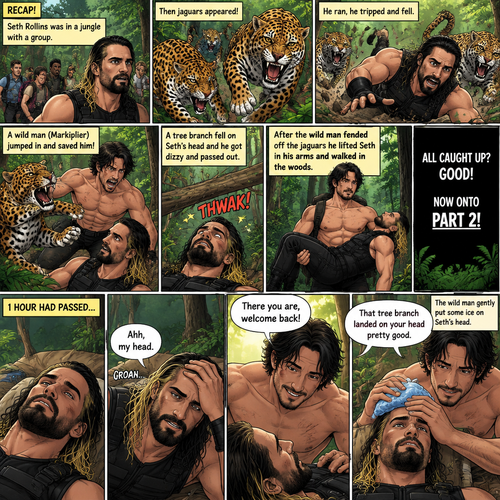 (Recap!) Seth Rollins was in a jungle with a group,Then jaguars appeared,he ran,he tripped and fell. A wild man (Markiplier) jumped in and saved him,A tree branch fell on Seth’s head and he got dizzy and passed out. After the wild man fended off the jaguars he lifted Seth in his arms and walked in the woods. (All caught up? Good! Now onto part 2!). 1 hour had passed,Seth slowly regained consciousness. The wild man was looking down at Him. “There you are,welcome back!” Said the wild man. Seth groaned a little,he puts his hand on his head. “Ahh,my head” said Seth. “That tree branch landed on your head pretty good” Said the wild man. The wild man gently put some ice on Seth’s head