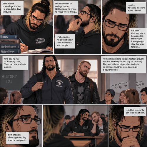Seth Rollins is a college student. He spends his days studying,He never went to college parties. Not because he chose to focus on studying….it’s because…he doesn’t know how to connect with people…and…he’s very insecure about himself. It’s been that way since he was a kid. He thought it was going to stay that way forever….little did he know….that…is about to change. One day he was at a history class,Then two late students arrived. Roman Reigns (The college football player) and Jon Moxley (The bad boy on campus). They were the most popular students on campus and they were known as a power couple. Seth thought about approaching them at one point….but his insecurity got the best of him